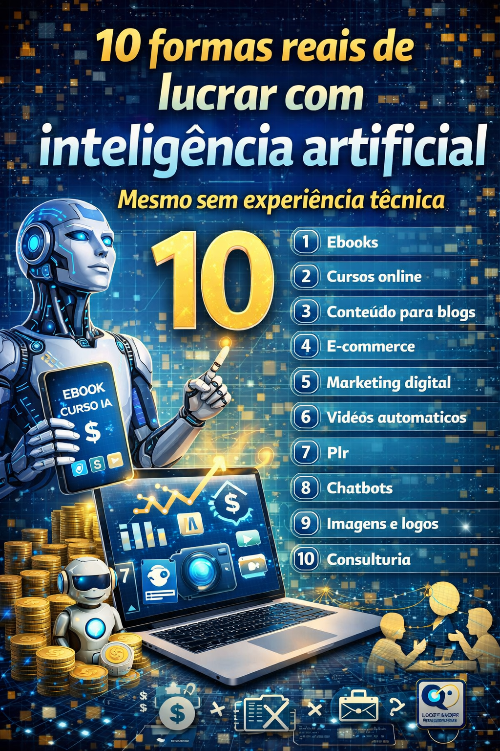 Capa do e-book 7: 10 formas reais de lucrar com IA — Mesmo sem experiência técnica